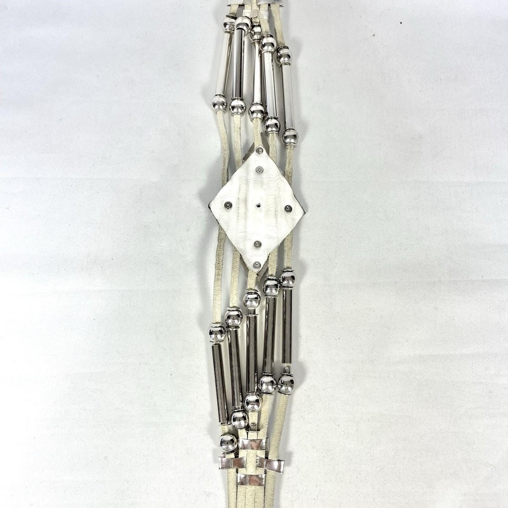 Vintage 80s White Leather Silver Tone Multi Strand Concho Belt 30 in - Picture 8 of 10